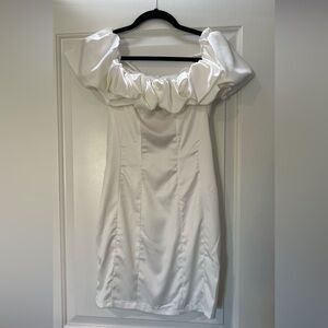 Off the shoulder white satin mini dress with big flounce